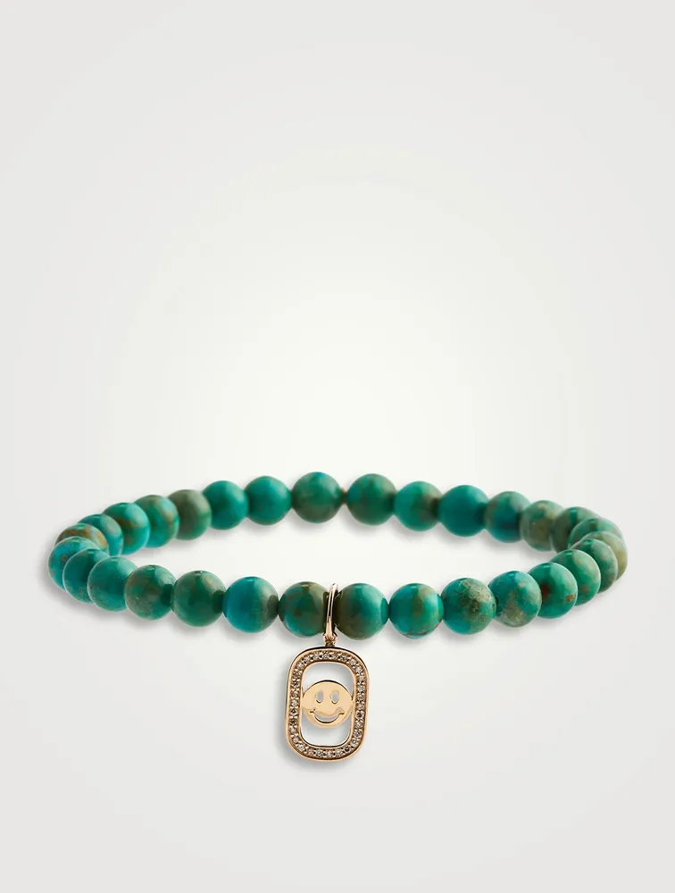 Beaded Bracelet With 14K Gold Happy Face Open Icon Charm