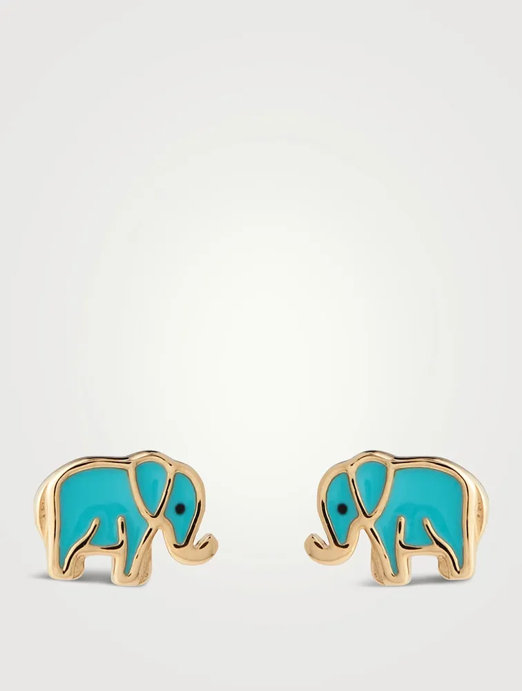 14K Gold Enamel Elephant Stud Earrings