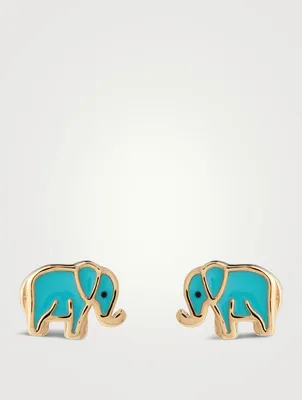 14K Gold Enamel Elephant Stud Earrings