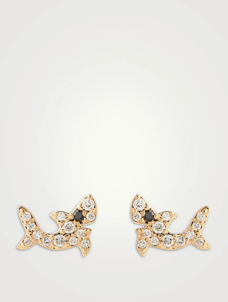 14K Gold Shark Stud Earrings With Diamonds