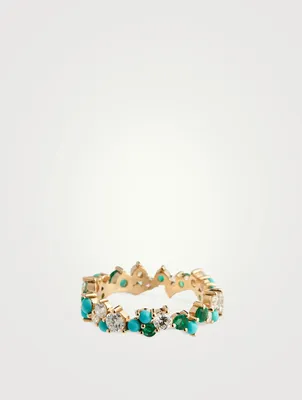 14K Gold Cocktail Ring With Diamonds, Emeralds, Turquoise