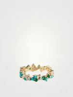 14K Gold Cocktail Ring With Diamonds, Emeralds, Turquoise