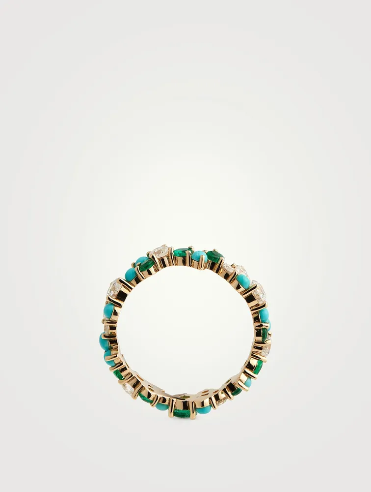 14K Gold Cocktail Ring With Diamonds, Emeralds, Turquoise