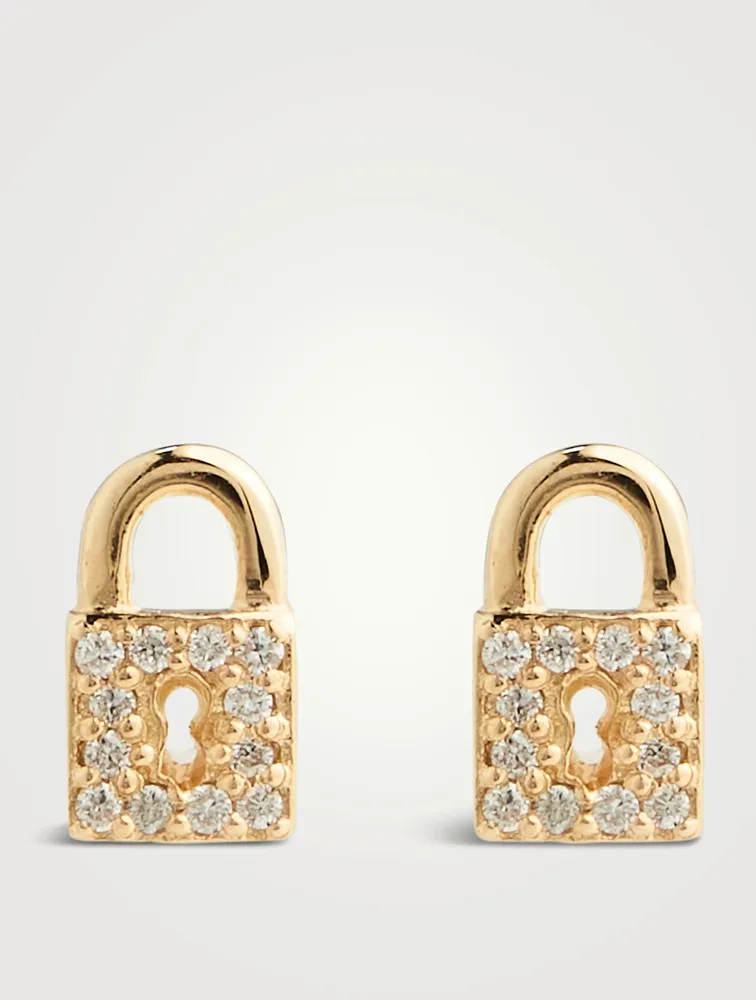 Small 14K Gold Pavé Lock Stud Earrings