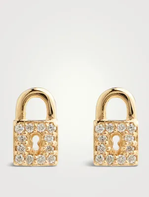 Small 14K Gold Pavé Lock Stud Earrings