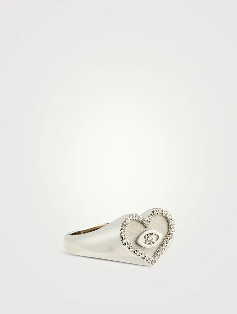 14K Gold Heart Eye Signet Ring With Diamonds