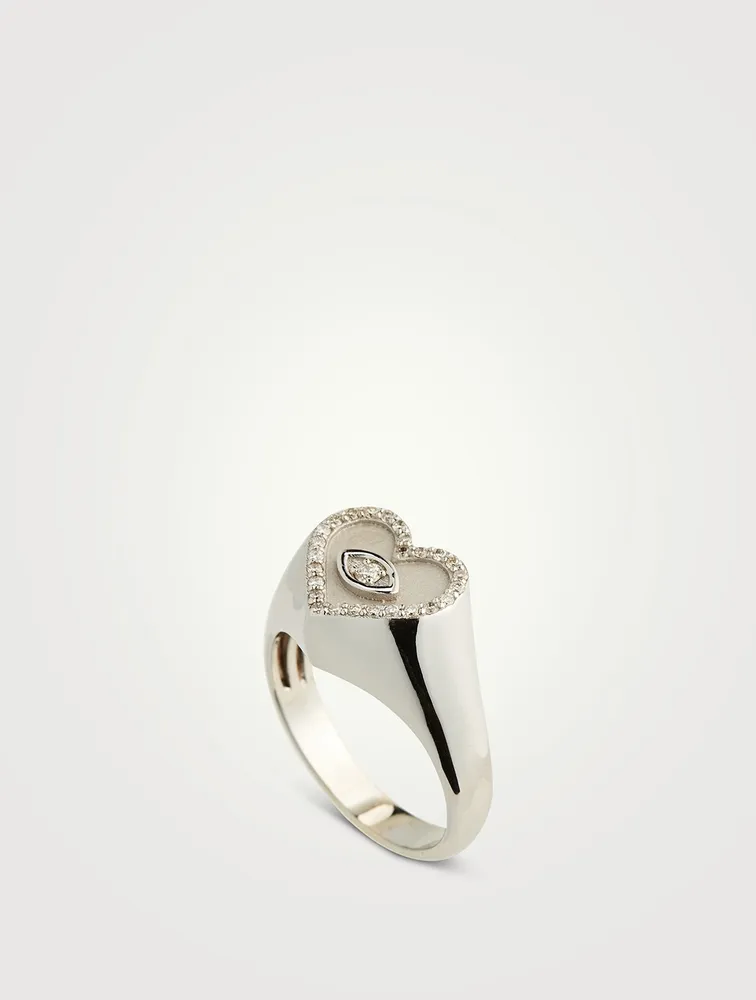 14K Gold Heart Eye Signet Ring With Diamonds