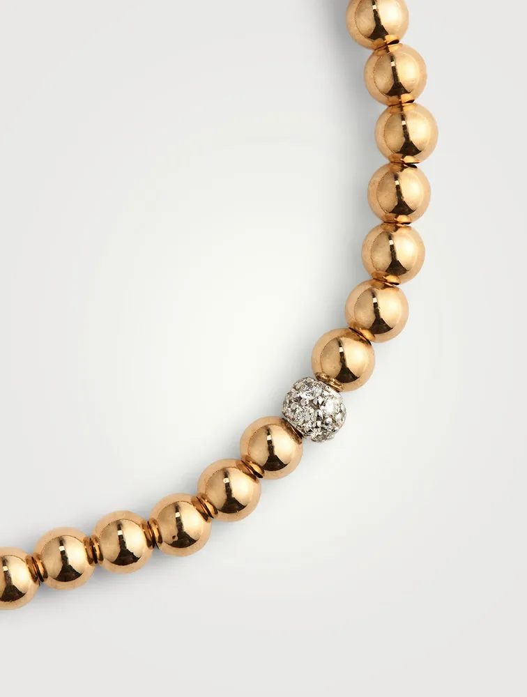 14K Gold Beaded Bracelet With Diamond Bead