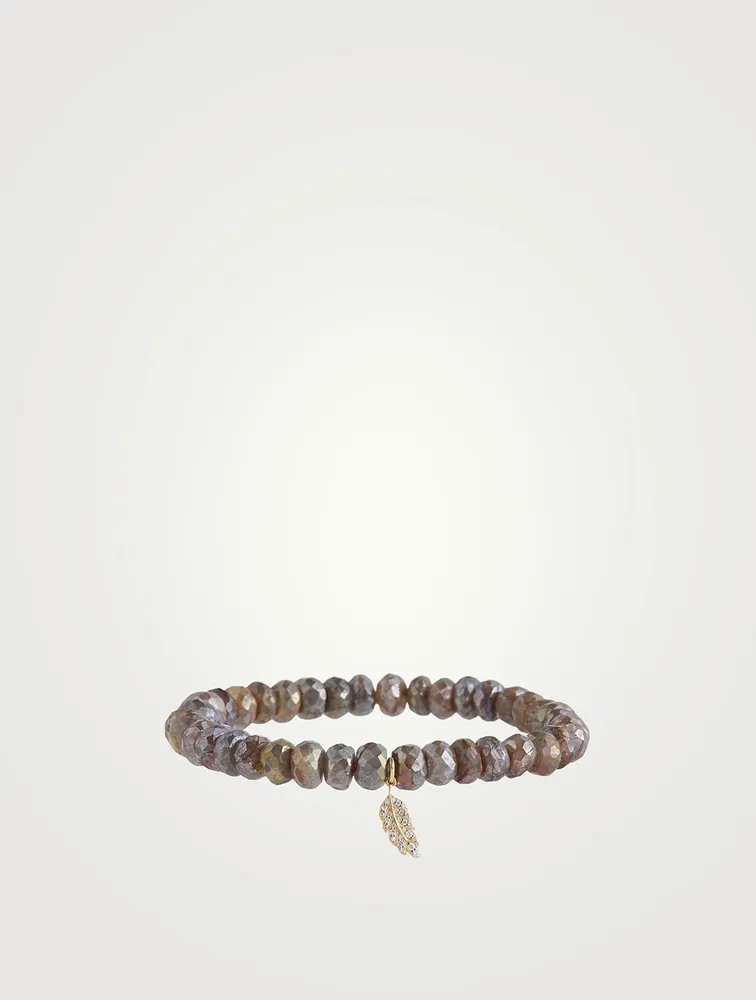 Labradorite Beaded Bracelet With 14K Gold Diamond Feather Charm