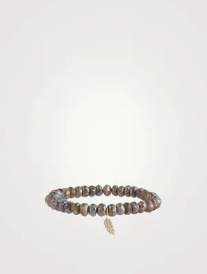 Labradorite Beaded Bracelet With 14K Gold Diamond Feather Charm