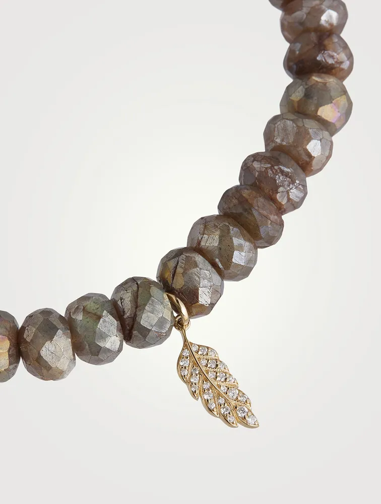 Labradorite Beaded Bracelet With 14K Gold Diamond Feather Charm