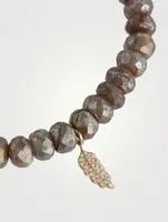 Labradorite Beaded Bracelet With 14K Gold Diamond Feather Charm