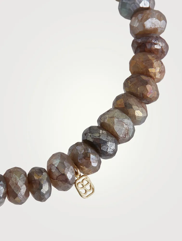 Labradorite Beaded Bracelet With 14K Gold Diamond Feather Charm