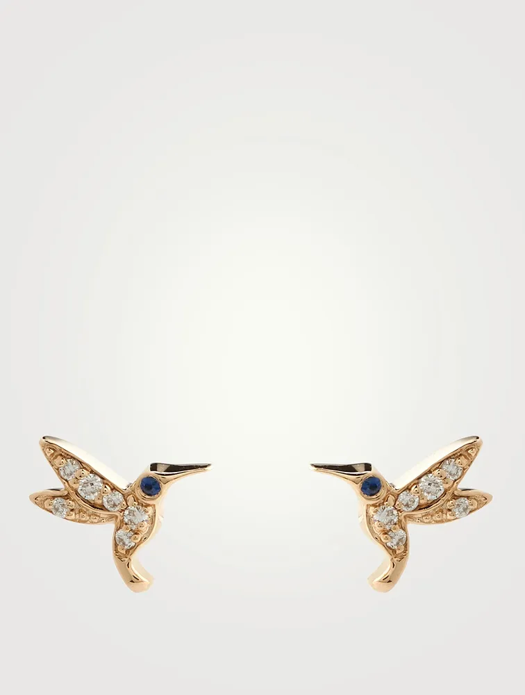 Tiny 14K Gold Hummingbird Stud Earrings With Diamonds