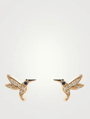 Tiny 14K Gold Hummingbird Stud Earrings With Diamonds