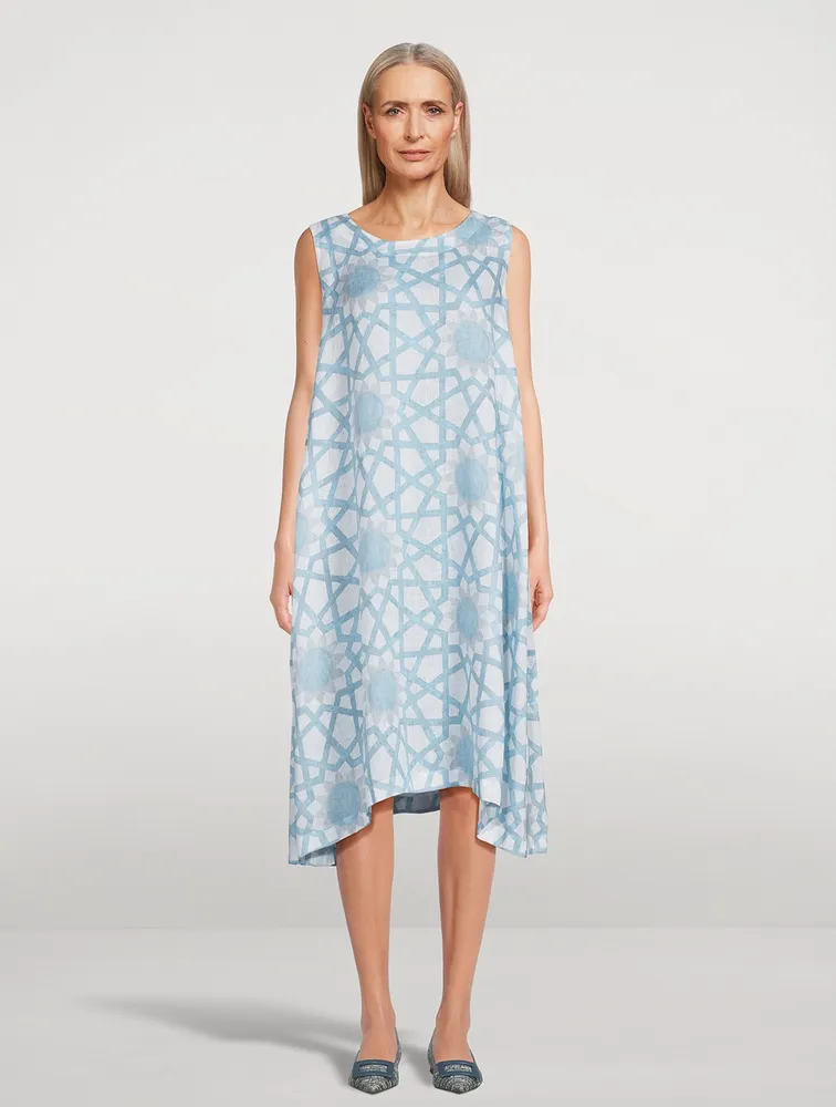 Linen Midi Dress Geometric Floral Print