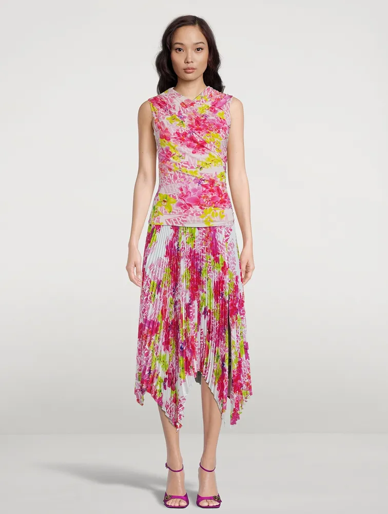 Pleated Midi Skirt Logo Orchid Print