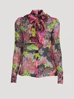 Tie-Neck Silk Shirt Logo Orchid Print