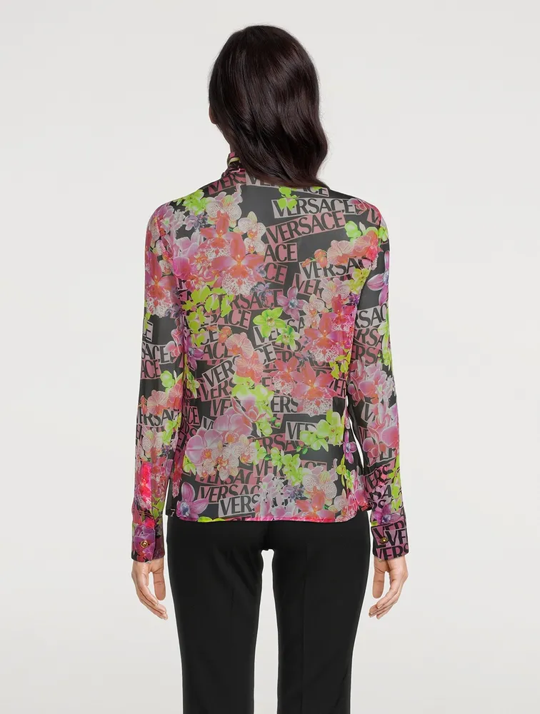 Tie-Neck Silk Shirt Logo Orchid Print