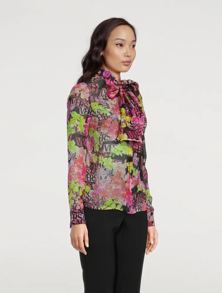 Tie-Neck Silk Shirt Logo Orchid Print