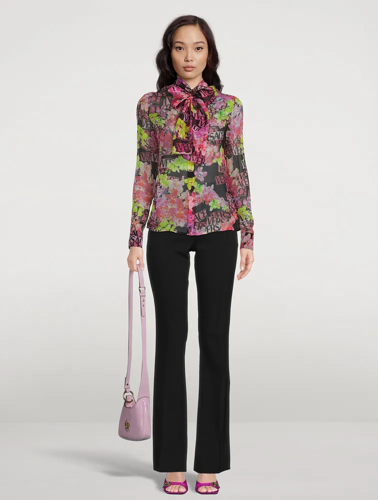 Tie-Neck Silk Shirt Logo Orchid Print