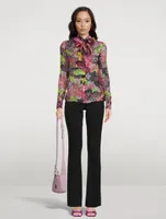 Tie-Neck Silk Shirt Logo Orchid Print