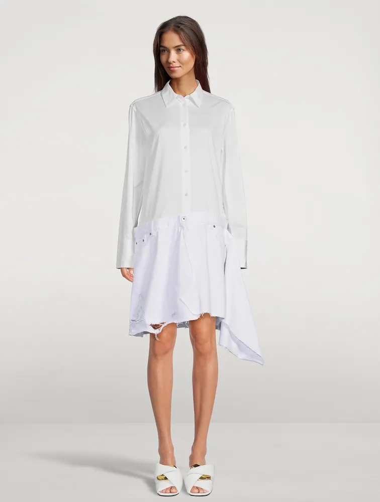 Asymmetric Poplin And Denim Shirt Dress