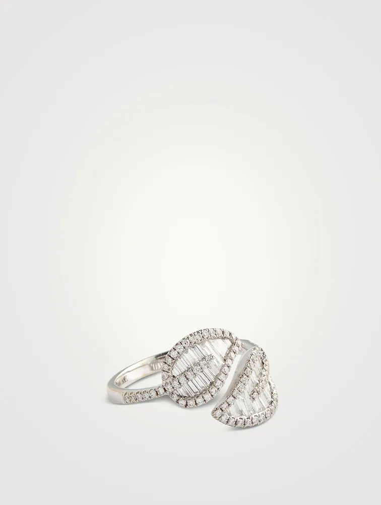 18K White Gold Small Leaf Ring With Diamonds