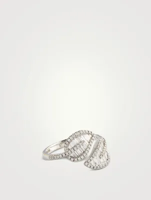 18K White Gold Small Leaf Ring With Diamonds