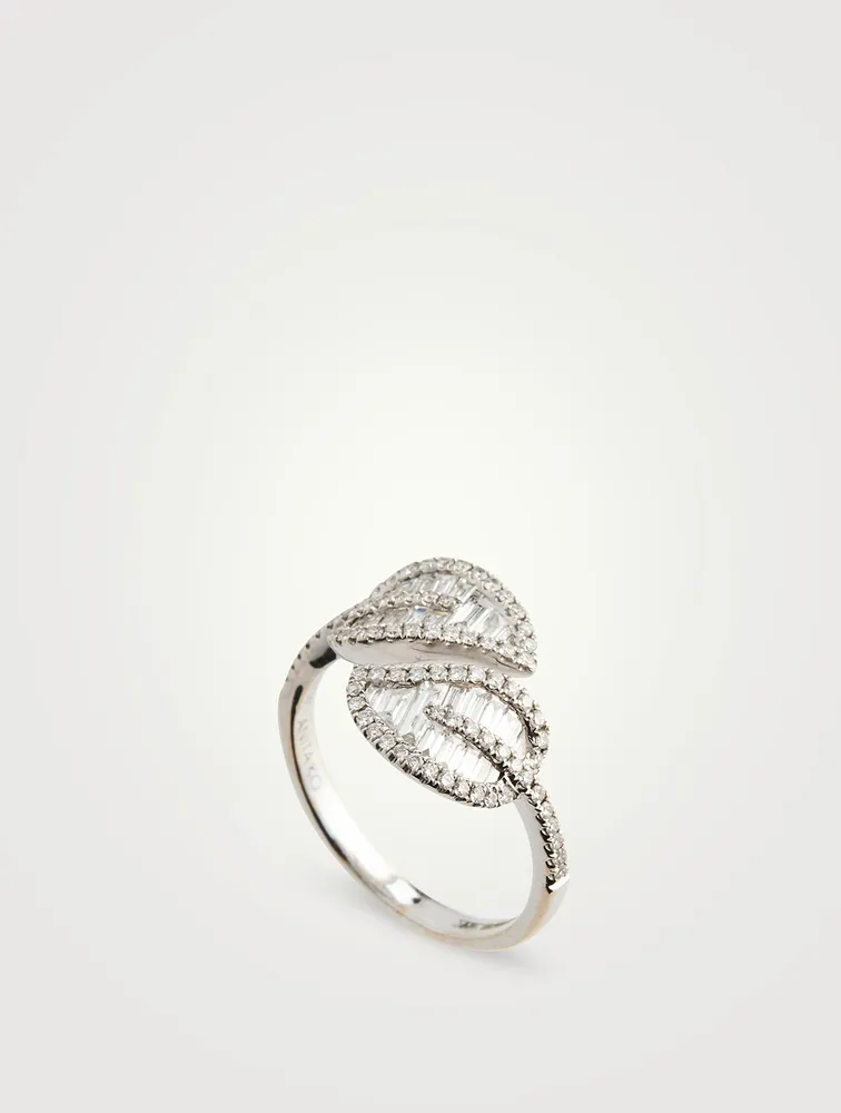 18K White Gold Small Leaf Ring With Diamonds