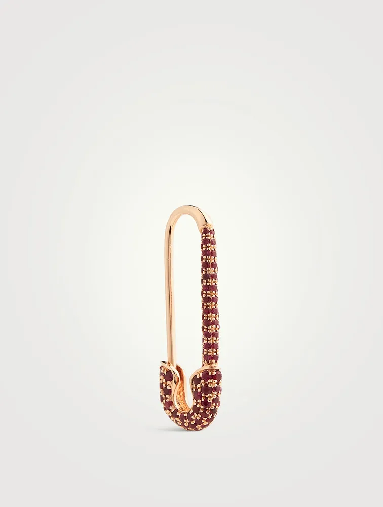 Safety Pin 18K Rose Gold Earring With Rubies