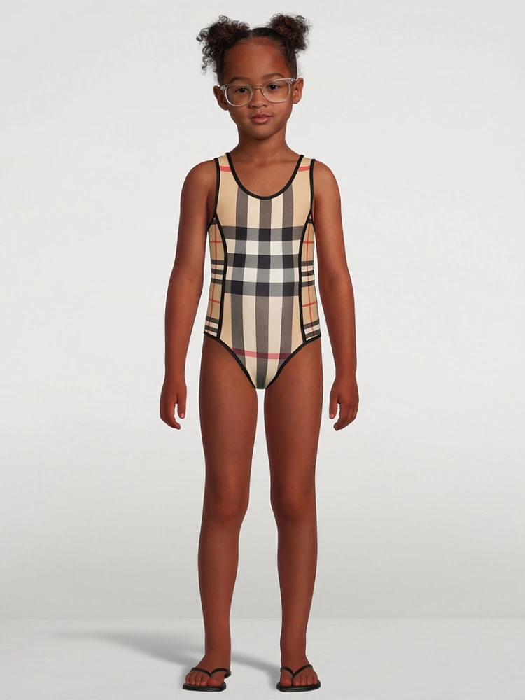 Contrast Check Stretch Nylon Swimsuit