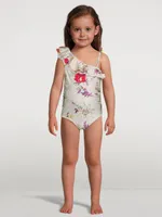 Clover Frill One-Shoulder Swimsuit Lipstick Garden Floral Print