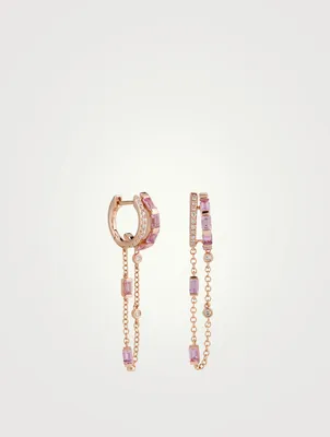 18K Rose Gold Double Mixed Diamond And Pink Sapphire Huggie Hoop Earrings