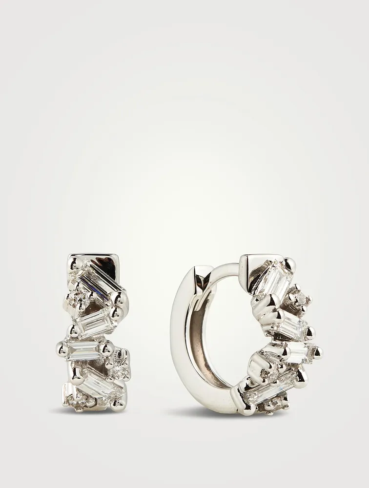 Fireworks 18K White Gold Huggie Hoop Earrings With Diamonds