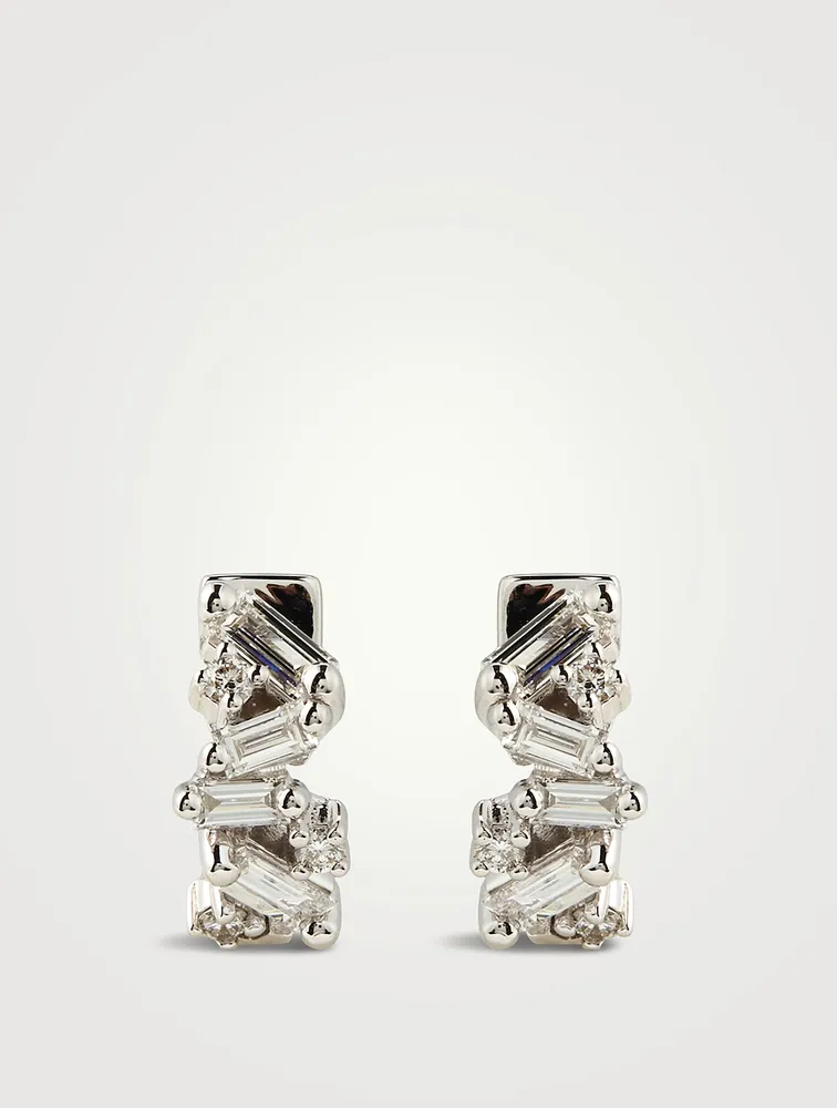 Fireworks 18K White Gold Huggie Hoop Earrings With Diamonds