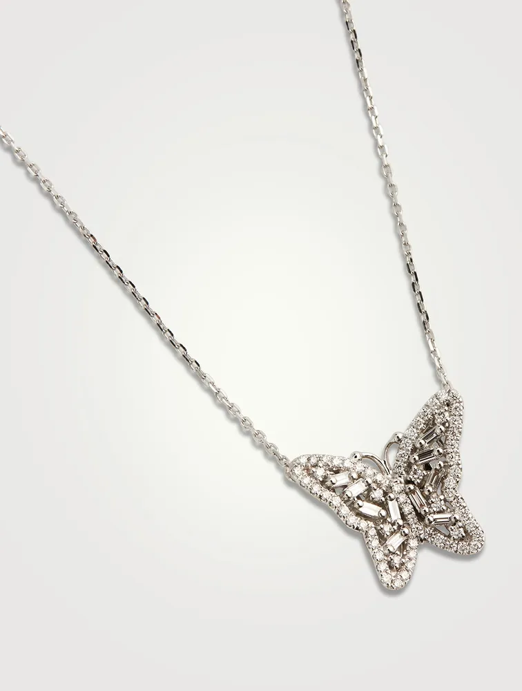 Small Fireworks 18K White Gold Butterfly Necklace With Diamonds