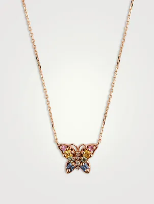 Small 18K Rose Gold Butterfly Necklace With Diamonds And Sapphire