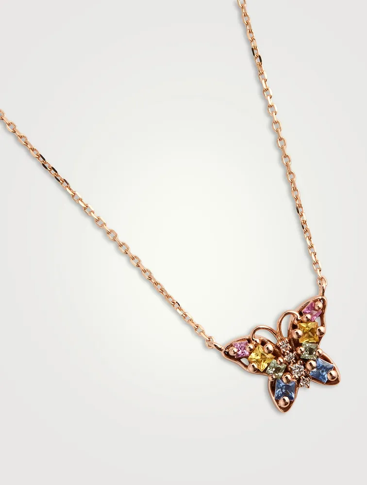 Small 18K Rose Gold Butterfly Necklace With Diamonds And Sapphire