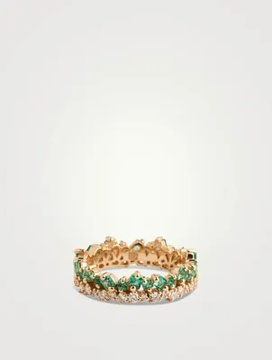 Princess Short Stack 18K Gold Ring With Emeralds And Diamonds