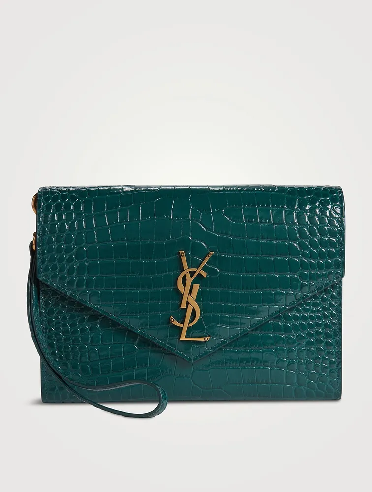 YSL Monogram Croc-Embossed Leather Wristlet Pouch