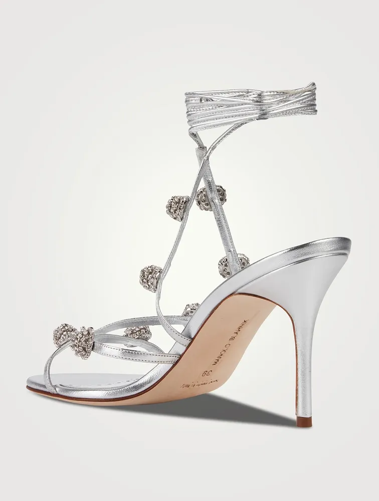 Elsaka Metallic Leather Ankle-Tie Sandals