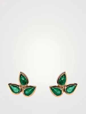 Fleur De Lis Bouquet 14K Gold Stud Earrings With Emeralds