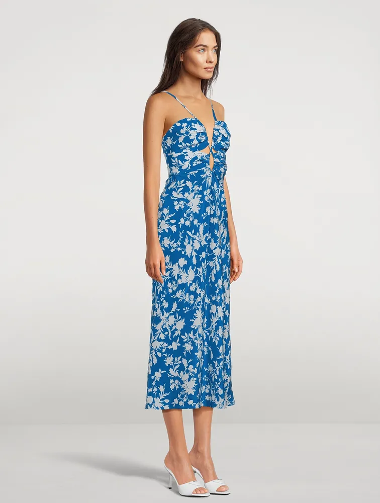 Laysan Lace-Front Silk Midi Dress Floral Print