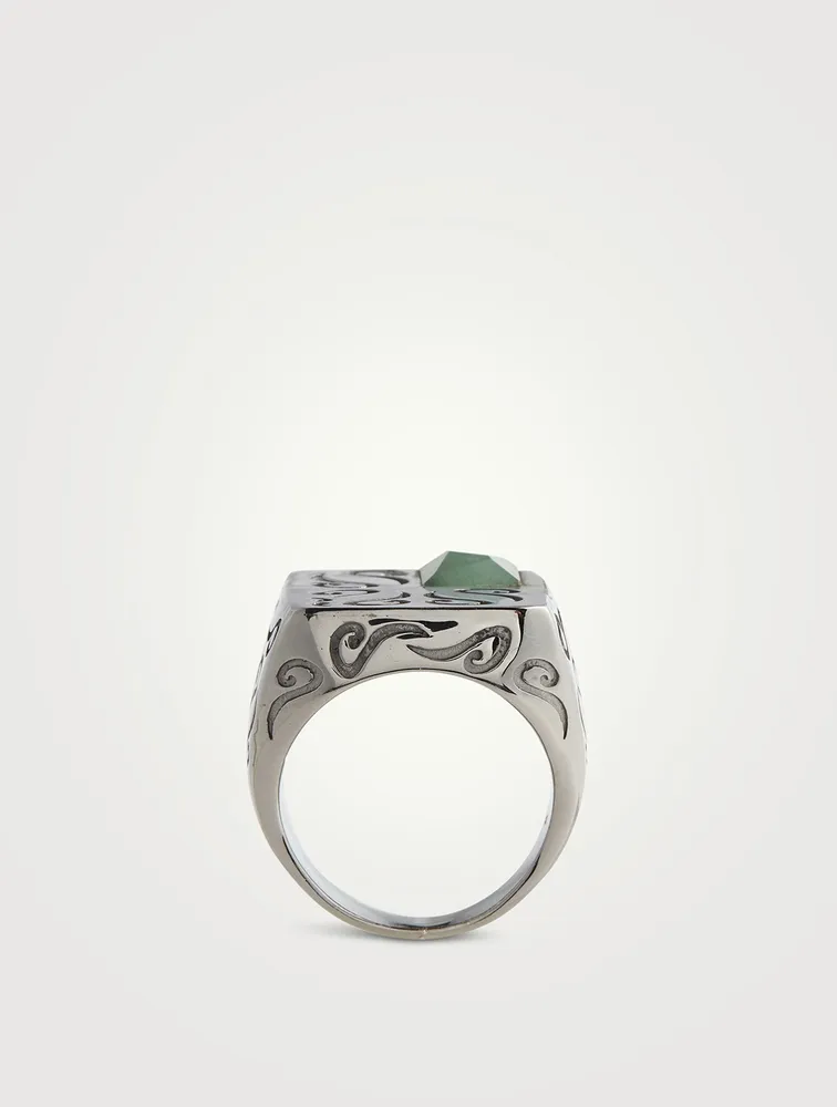 Ara Rectangular Burnished Silver Ring With Green Aventurine