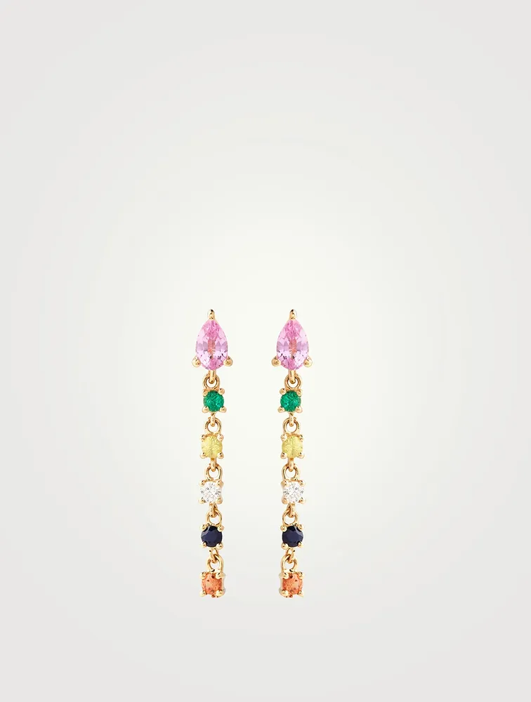 18K Rose Gold Loop Earrings With Pink Sapphire Pear, Diamond And Multicolour Gemstones