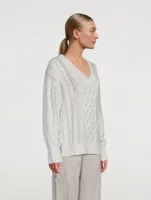 Open Cable-Knit V-Neck Sweater