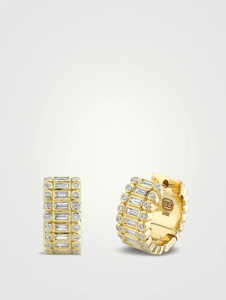 14K Gold Stacked Baguette And Round Bezel Huggie Hoop Earrings With Diamonds