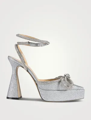 Double Bow Crystal-Embellished Glitter Platform Pumps