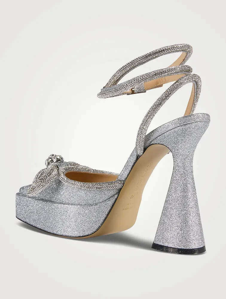 Double Bow Crystal-Embellished Glitter Platform Pumps